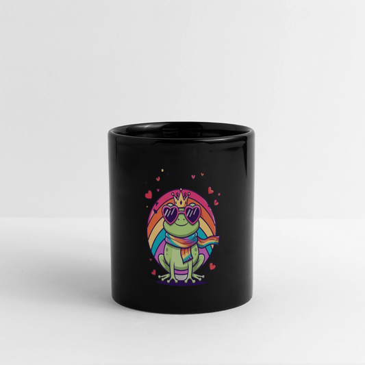 „Schwarze Keramiktasse mit gekröntem Frosch in Regenbogen-Schal und Herzbrille, Pride-Hintergrund, 325 ml, kratzfest und UV-beständig“