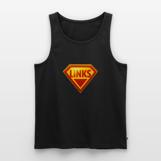 Schwarzes Premium Tank Top mit Superman-inspiriertem „LINKS“-Logo in Rot-Gelb. Ärmellos, sportlich geschnitten, aus Baumwolle, aktivistisches Design.