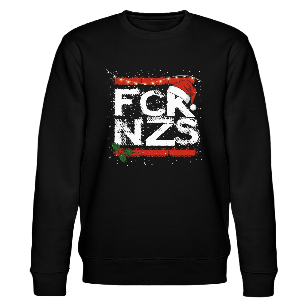 Schwarzer Stanley/Stella Bio-Sweater mit FCK NZS Schriftzug, Weihnachtsmütze, Lichterkette und dem Slogan „All I want for Christmas is democracy“