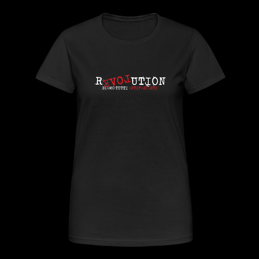 „Schwarzes Damen-T-Shirt mit dem Wort REVOLUTION, wobei LOVE rückwärts und rot hervorgehoben ist, darunter der Schriftzug Siamo tutti antifascisti in Weiß und Rot.“
