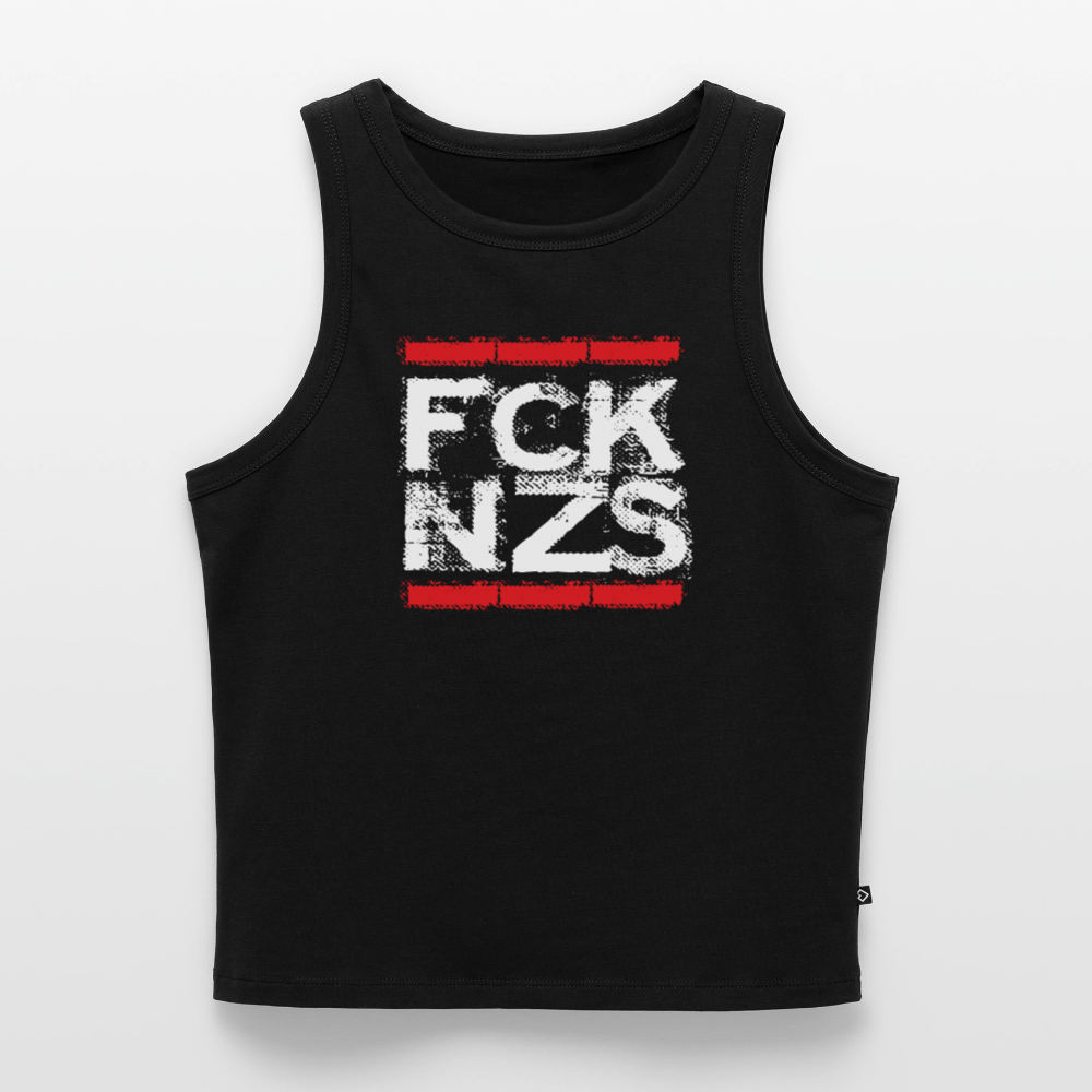 Schwarzes Cropped Tank Top mit weißem „FCK CDU“ Print im roten Balkenrahmen. Kurz geschnitten, Bio-Baumwolle, figurbetont, auf hellem Hintergrund präsentiert.