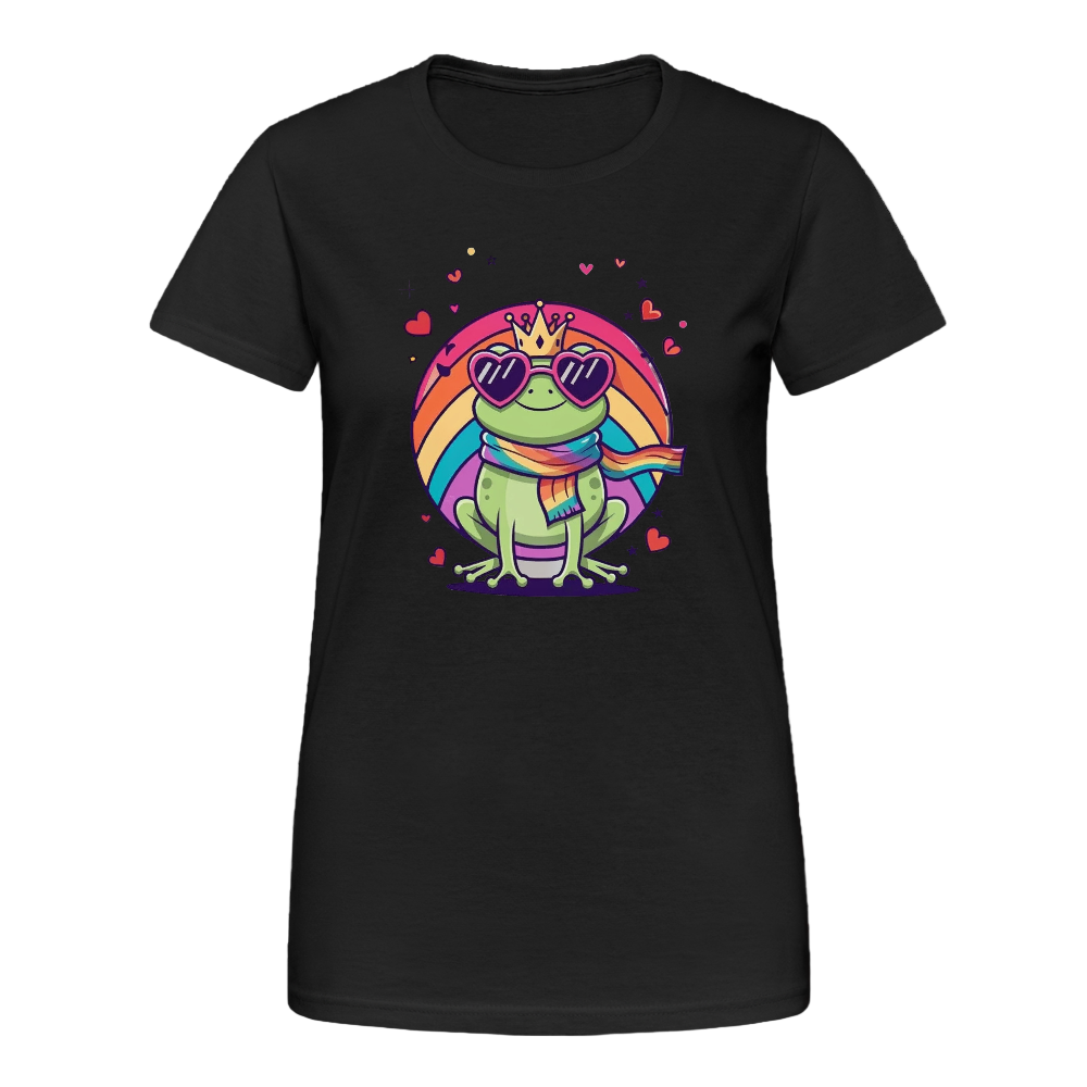 Schwarzes Damen T-Shirt mit farbenfrohem Frontprint: Ein grüner Cartoon-Frosch mit Krone, Regenbogenschal und herzförmiger Sonnenbrille sitzt in einem bunten Regenbogenkreis. Umgeben von pinken Herzchen strahlt das Design Lebensfreude, Vielfalt und queere Symbolik aus.