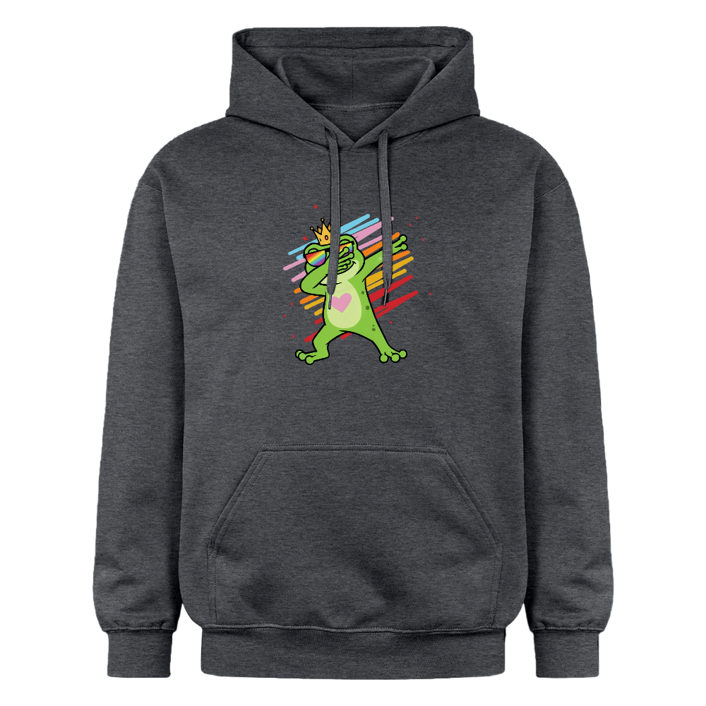 Hoodie mit grünem Frosch in Krone, pinkem Herz und Regenbogenstreifen, rote Sterne im Hintergrund - Dunkelgrau meliert