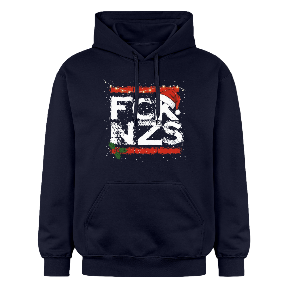 Navy  Hoodie mit FCK NZS Schriftzug, Weihnachtsmütze und dem Slogan „All I want for Christmas is democracy!“ – Statement gegen Rechtsextremismus