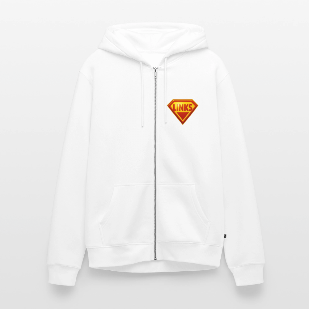 Weiß Premium Kapuzenjacke mit glänzendem „LINKS“-Logo im Superman-Stil. Kontrastkapuzenband, Fronttaschen, robuster Sweatstoff, aktivistisches Design.