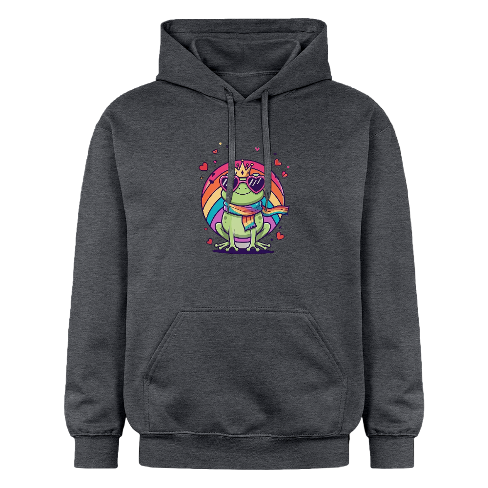 Hoodie mit cartoonartigem Frosch in Herzbrille, Krone und Regenbogenschwanz, Pride-Flagge in der Hand, umgeben von pinken Herzen“ - Dunkelgrau meliert