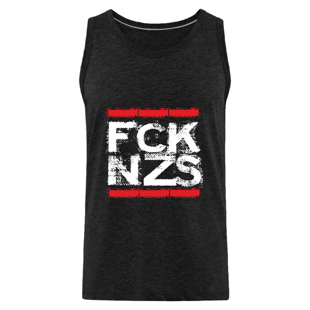  Anthrazit Tank Top mit weißem „FCK NZS“ Print im roten Balkenrahmen. Ärmellos, sportlich geschnitten, aus Baumwolle, auf hellem Hintergrund präsentiert.