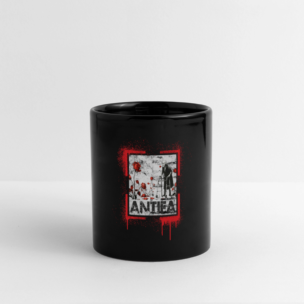 „Schwarze Keramiktasse mit ANTIFA-Kunstmotiv: Figur im Anzug zwischen roten Blumen, roter Rahmen, 325 ml, kratzfest und UV-beständig“