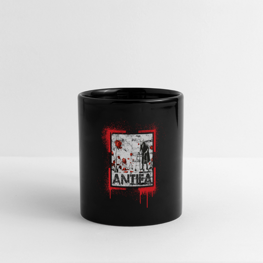 „Schwarze Keramiktasse mit ANTIFA-Kunstmotiv: Figur im Anzug zwischen roten Blumen, roter Rahmen, 325 ml, kratzfest und UV-beständig“