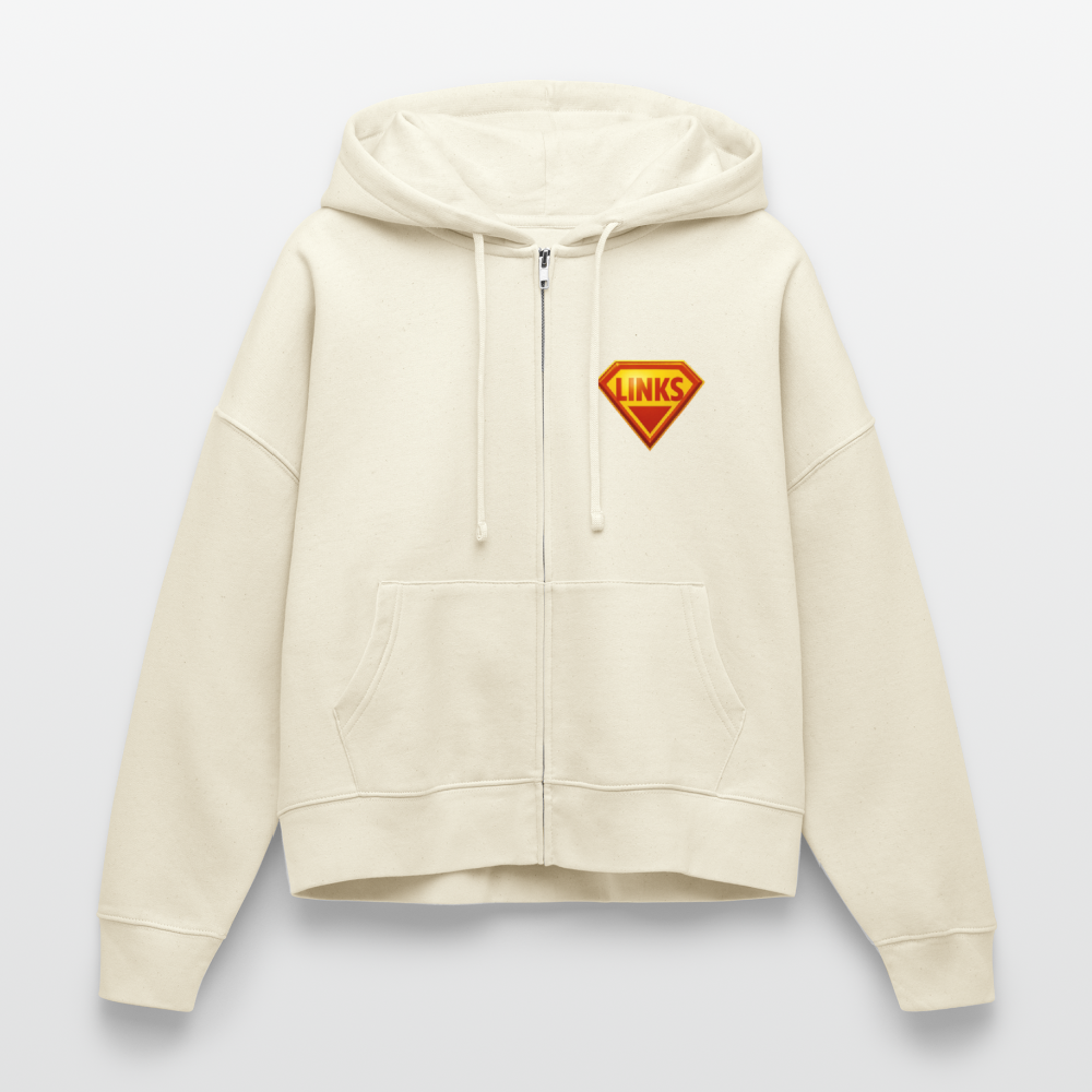 Zip-Hoodie mit Superman-ähnlichem ‚LINKS‘-Logo auf der Brust, Boxy Fit, Bio-Baumwolle, Stanley/Stella- Weißgrau