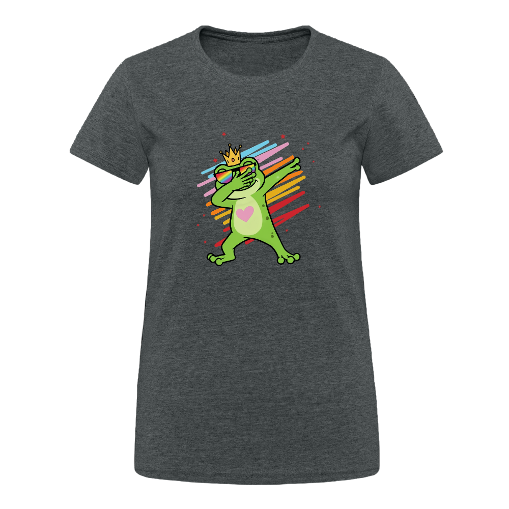 Dunkelgrau meliert Damen T-Shirt mit farbenfrohem Frontprint: Ein grüner Frosch mit goldener Krone, Regenbogenbrille und pinkem Herz auf der Brust zeigt eine Dab-Pose. Im Hintergrund verlaufen bunte Brush-Strokes in Rot, Gelb, Blau und Pink. Das Design wirkt verspielt, königlich und aktivistisch.