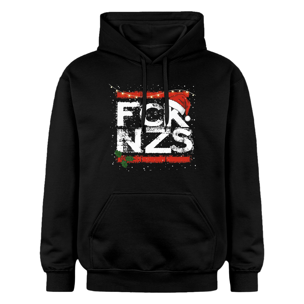 Schwarzer Hoodie mit FCK NZS Schriftzug, Weihnachtsmütze und dem Slogan „All I want for Christmas is democracy!“ – Statement gegen Rechtsextremismus