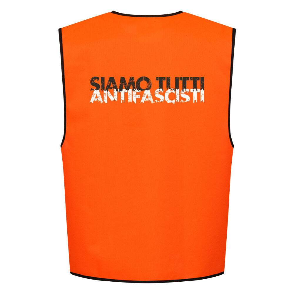 Warnweste mit schwarzer Einfassung und dem Aufdruck „Siamo tutti antifascisti“ in Schwarz-Rot – antifaschistisches Protestaccessoire signal orange