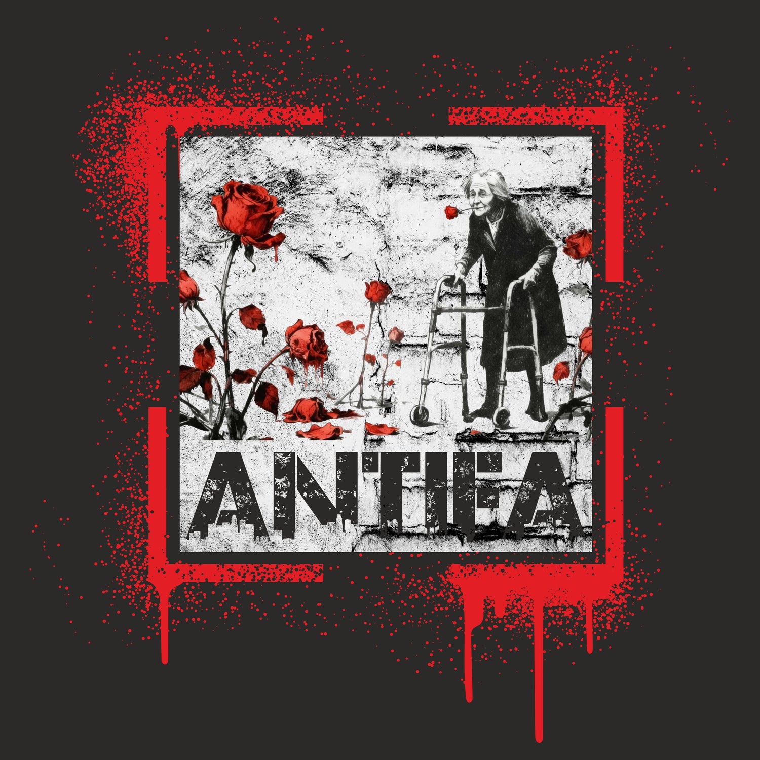Druckansicht Schwarzes Shirt mit rotem Paint‑Splatter, älterer Person am Rollator und roten Rosen; darunter „ANTHEA“.