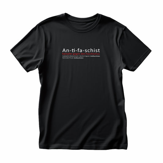Unisex Statement-Shirt mit „Antifaschist“-Frontprint – fair produziert aus Bio-Baumwolle, politisch aktiv gegen Faschismus.
