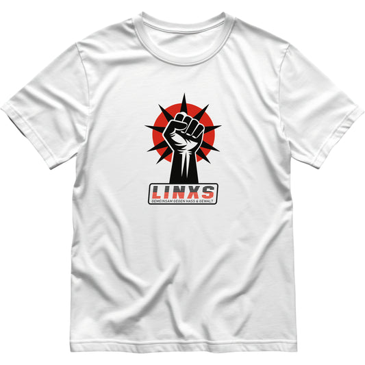 T-Shirt Herrein in weiß mit dem Aufdruck LINKS bedruckt mittels Siebdruck