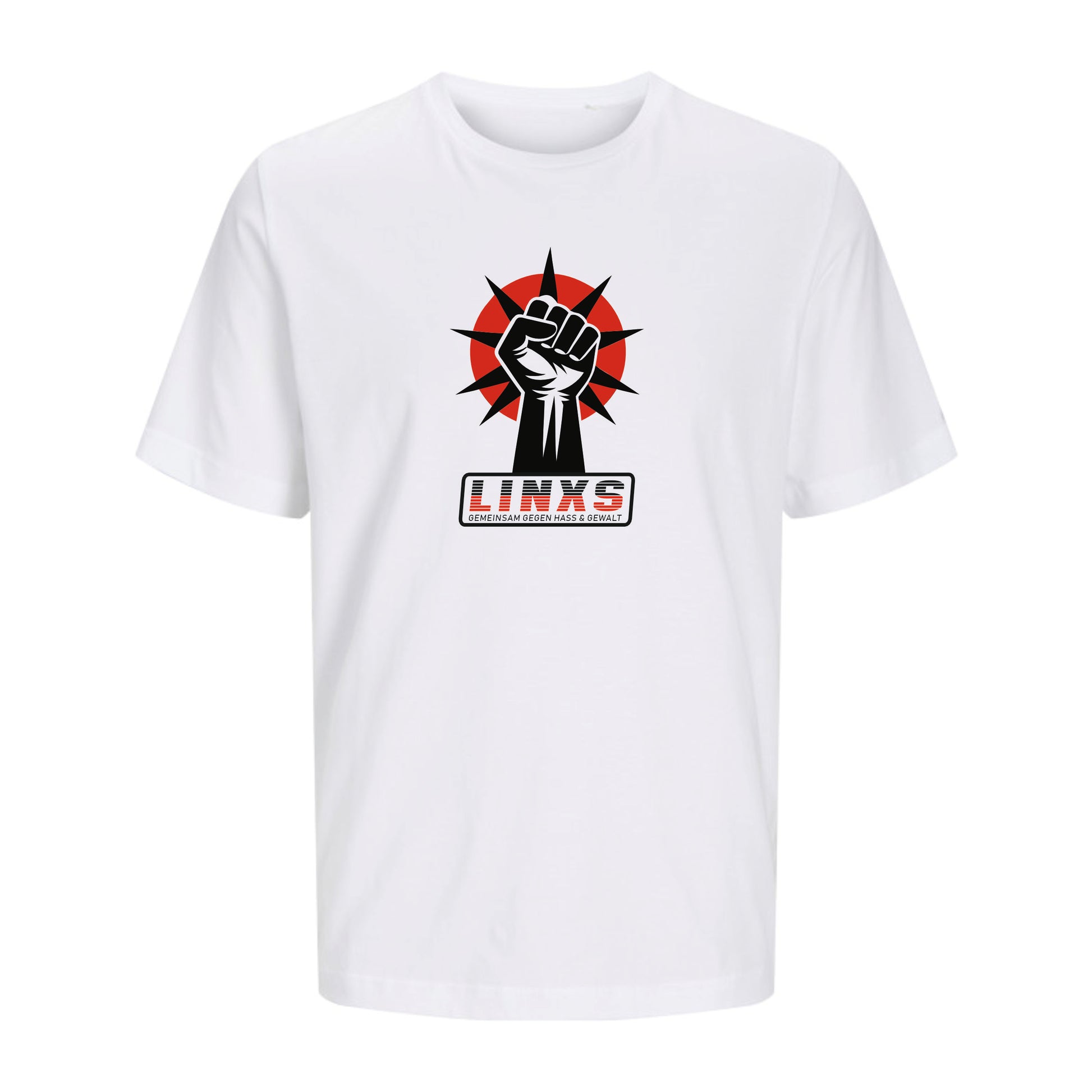T-Shirt Herrein in weiß mit dem Aufdruck LINKS bedruckt mittels Siebdruck