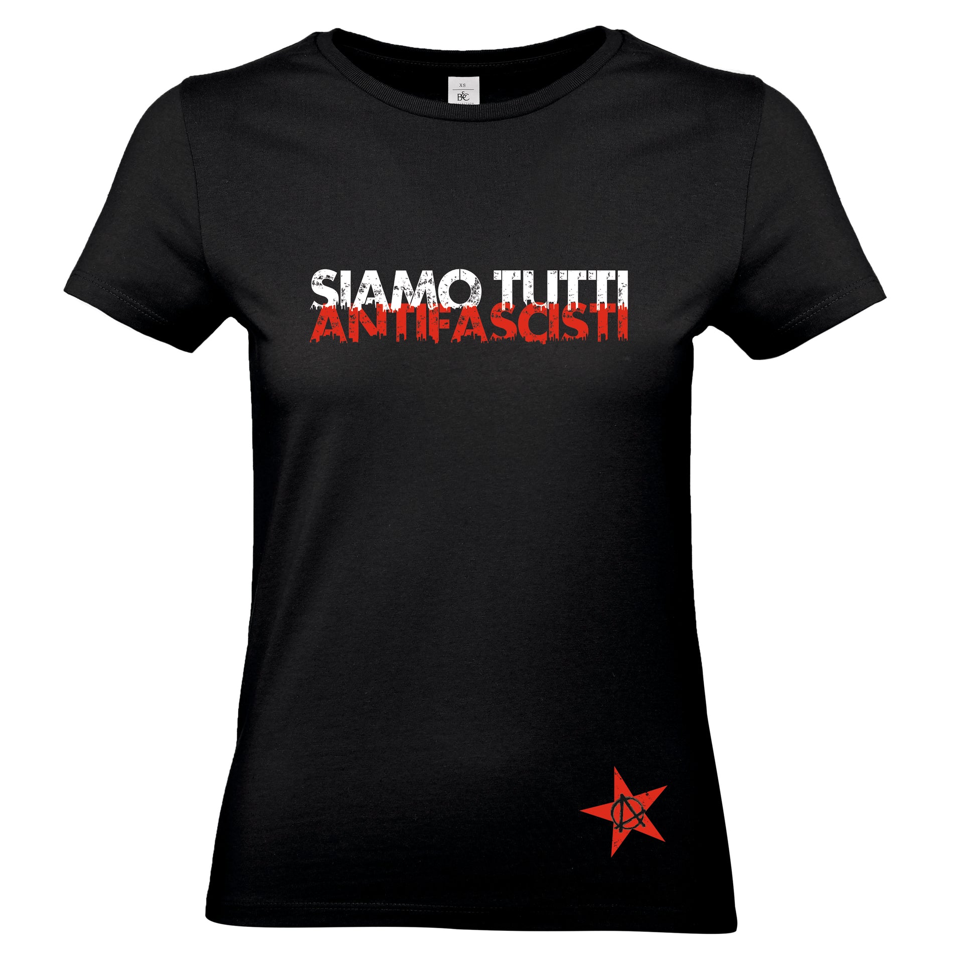 Schwarzes Damen-T-Shirt mit weiß-rotem Frontprint „SIAMO TUTTI ANTIFASCISTI“. Das Design transportiert eine klare antifaschistische Botschaft – schlicht, kraftvoll, politisch.
