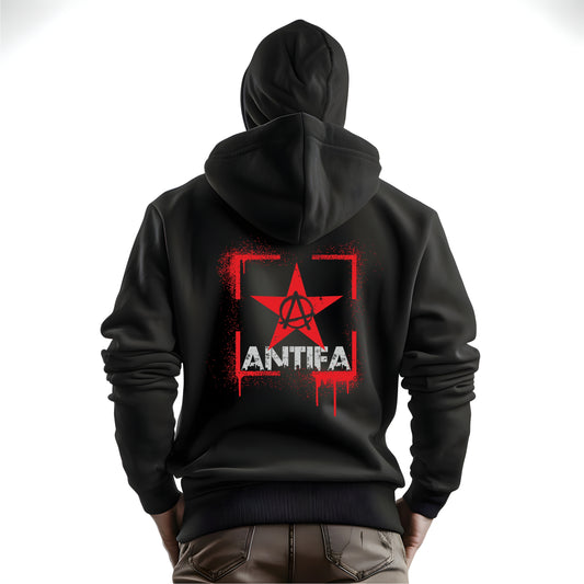 Schwarzer Hoodie ANTIFA bedruckt mittels Siebdruck