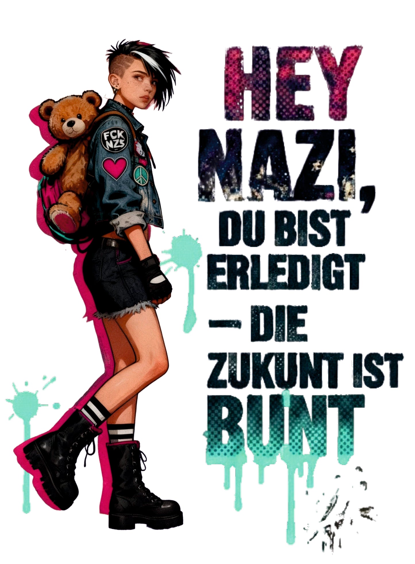 „Streetwear-Shirt mit Anti-Nazi-Design – weißes T-Shirt, bunte Illustration, klare Haltung für eine bunte Zukunft“