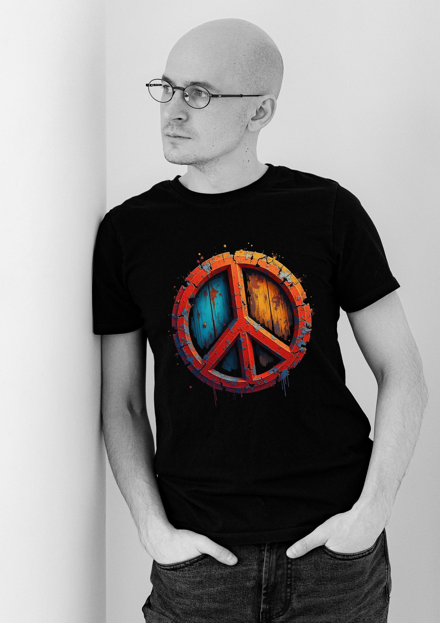 Schwarzes Gildan Heavy T-Shirt mit minimalistischer Botschaft „Peace“ – kurzärmelig, Rundhalsausschnitt