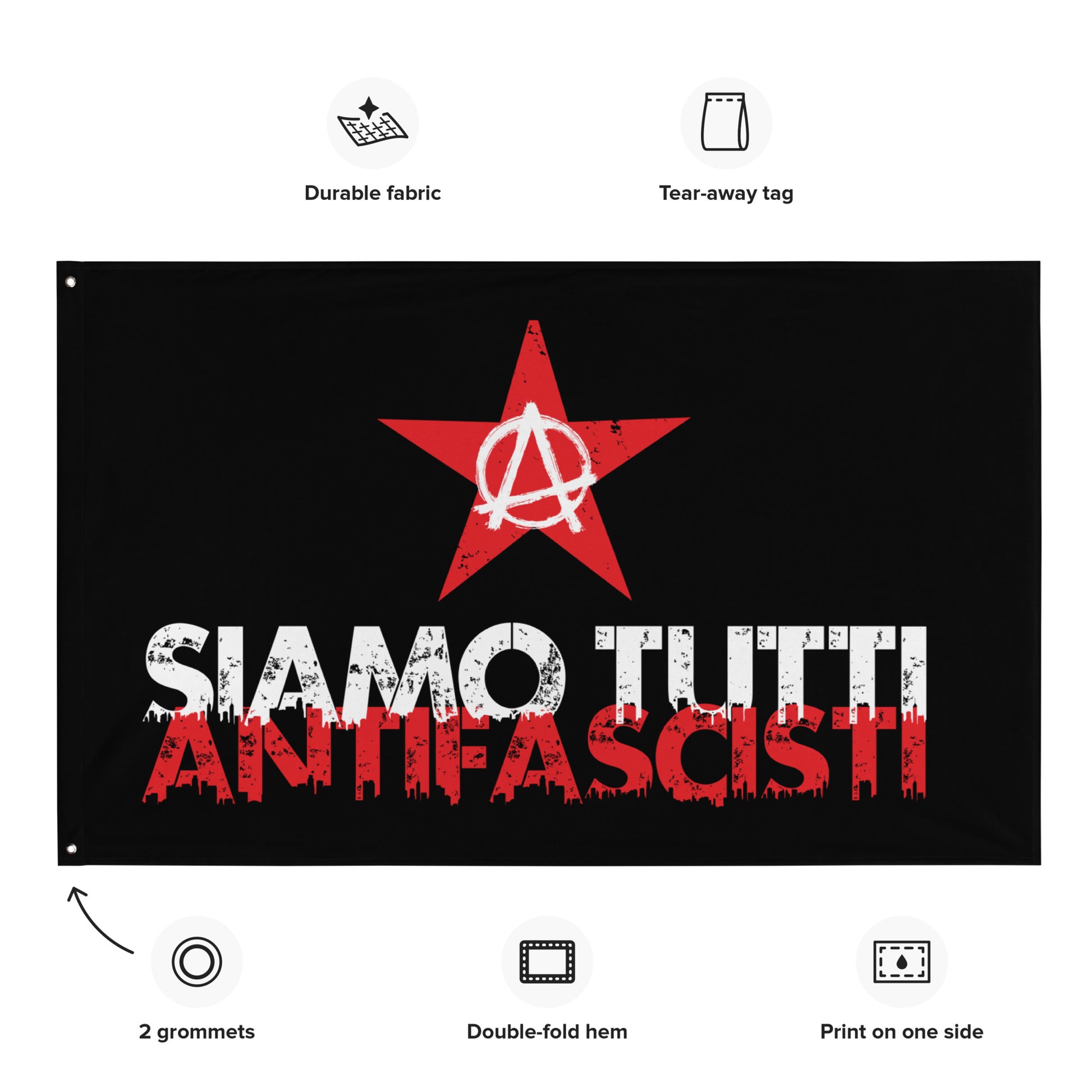 „Statement-Flagge mit rotem Stern und Anarcho-Zeichen – klare Botschaft gegen Faschismus“