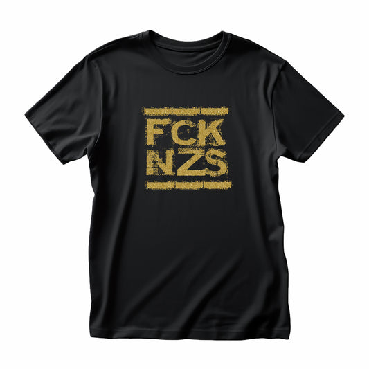 T-Shirt mit politischer Botschaft „FCK NZS“, glänzender Siebdruck in Gold oder Silber auf Bio-Baumwolle