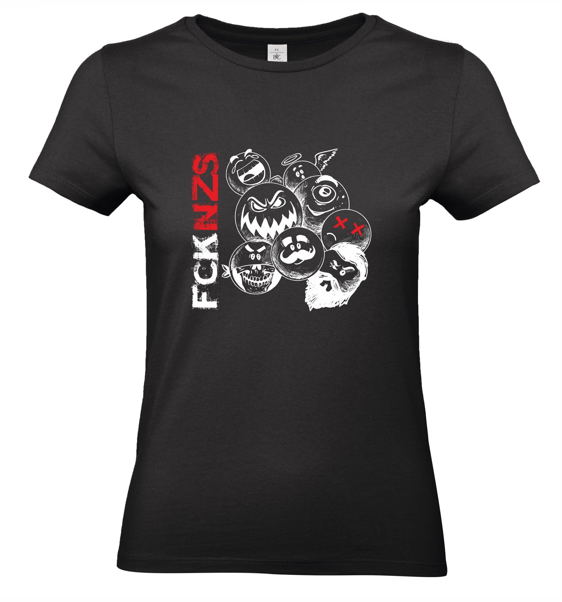 „Schwarzes Damen T-Shirt mit weißem Frontprint ‚FCK NZS – Spuk den Faschismus weg‘, Halloween Edition. Urbaner Schnitt, aus Bio-Baumwolle, politisches Statement gegen Rechts.“