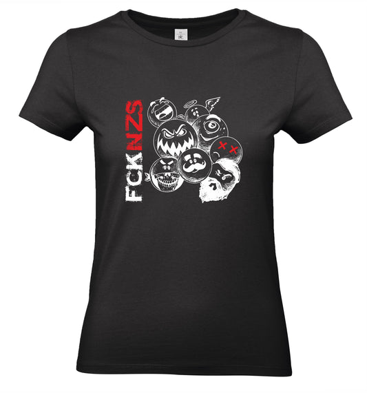 „Schwarzes Damen T-Shirt mit weißem Frontprint ‚FCK NZS – Spuk den Faschismus weg‘, Halloween Edition. Urbaner Schnitt, aus Bio-Baumwolle, politisches Statement gegen Rechts.“