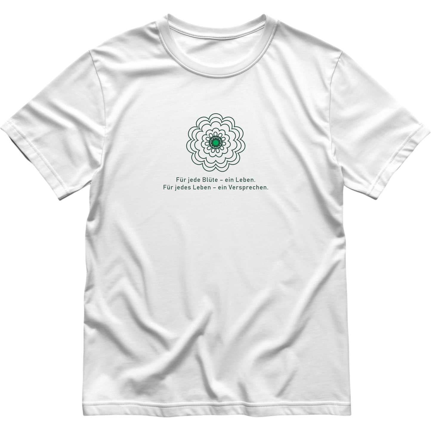 Unisex T-Shirt in Weiß mit stilisierter Srebrenica-Gedenkblume als Frontprint – elf weiße Blütenblätter und grüner Mittelpunkt auf Bio-Baumwolle, Symbol für Erinnerung und Hoffnung