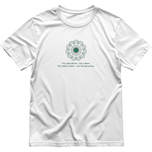 Unisex T-Shirt in Weiß mit stilisierter Srebrenica-Gedenkblume als Frontprint – elf weiße Blütenblätter und grüner Mittelpunkt auf Bio-Baumwolle, Symbol für Erinnerung und Hoffnung