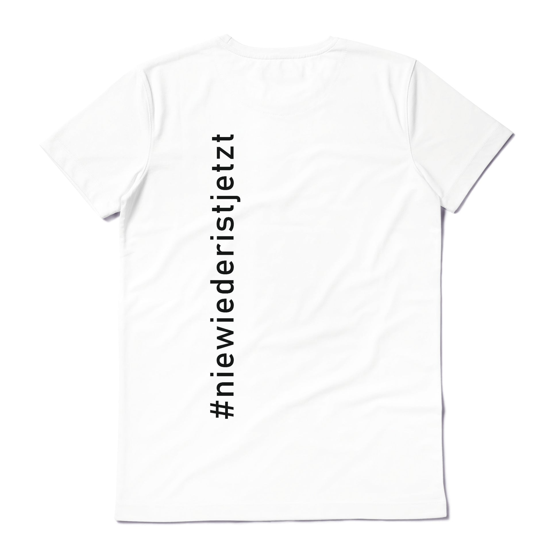 Weißes Unisex-T-Shirt mit dem schwarzen Backprint „Nie wieder ist jetzt“, aufgenommen vor neutralem Hintergrund. Das Shirt besteht aus Bio-Baumwolle und wird im hochwertigen Siebdruckverfahren veredelt – ein sichtbares Statement gegen Faschismus und für Erinnerungskultur.