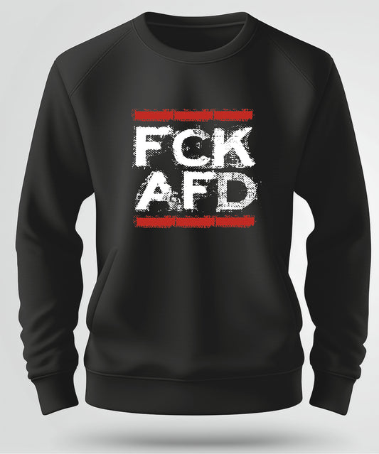 Schwarzer Unisex Sweater mit Frontprint ‚FCK NZS – Spuk den Faschismus weg‘ in Rot/Weiß, hochwertiger Siebdruck, Rundhalsausschnitt, gerippte Bündchen, Bio-Baumwolle.“