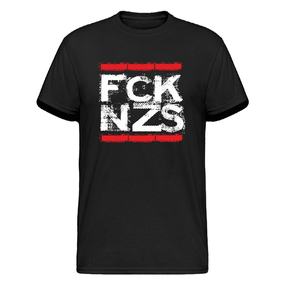 
Schwarzes Unisex T-Shirt mit „FCK NZS“-Frontprint – Gildan Heavy, 100 % Baumwolle, antifaschistisches Statement
