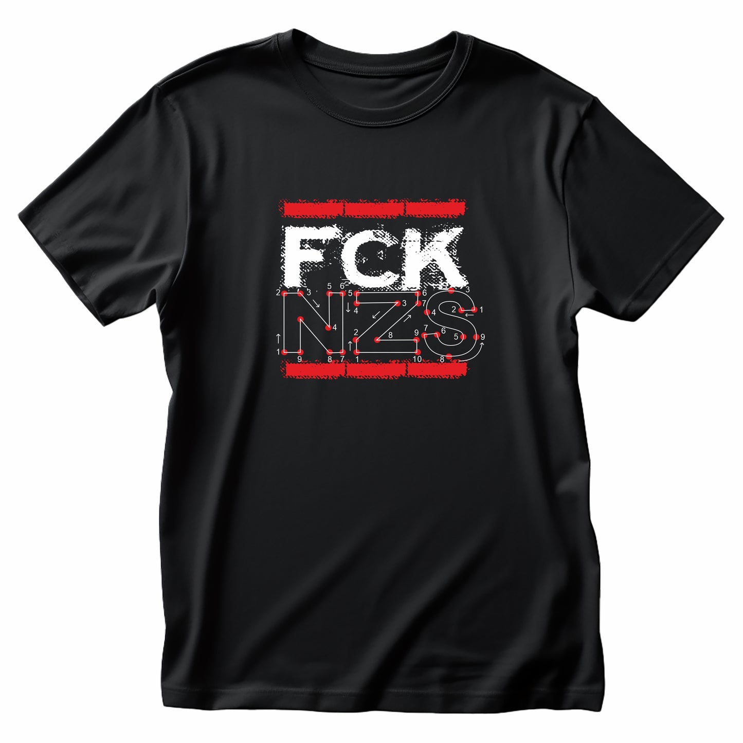„Unisex T-Shirt mit Frontprint ‚FCK NZS – Zahlenbild‘, politisches Statement gegen Rechts. Schwarzes Shirt aus Bio-Baumwolle, Rundhalsausschnitt, hochwertiger Siebdruck, urbaner Style.“