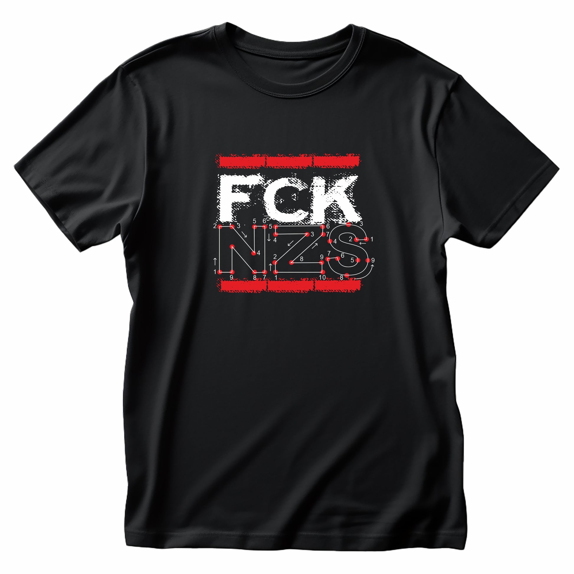 „Unisex T-Shirt mit Frontprint ‚FCK NZS – Zahlenbild‘, politisches Statement gegen Rechts. Schwarzes Shirt aus Bio-Baumwolle, Rundhalsausschnitt, hochwertiger Siebdruck, urbaner Style.“